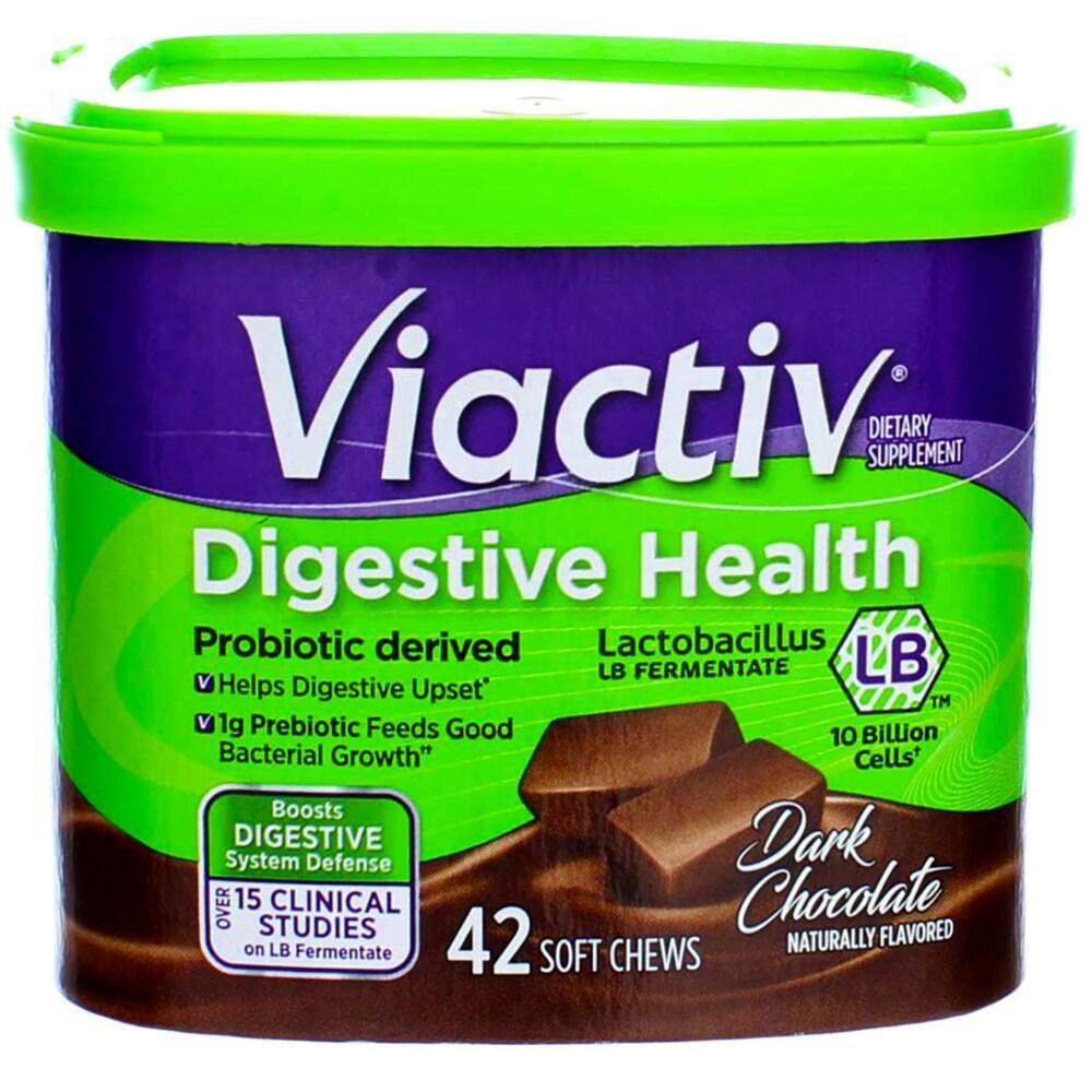 Viactiv Digestive Health Soft Chews in dark chocolate flavor, 42-piece container, designed to support digestive wellness.