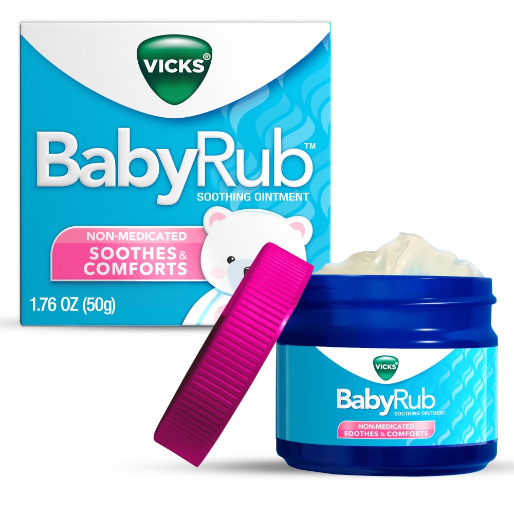 Vicks BabyRub non-medicated ointment in 1.76 oz jar, gentle health and beauty product for babies, by Pasteur Pharmacy.