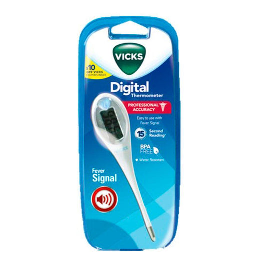 Vicks digital thermometer from Pasteur Pharmacy displaying temperature reading in a sleek, white health device.