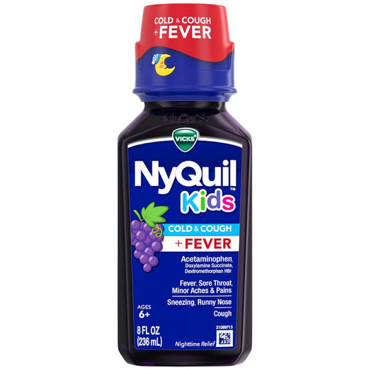Vicks NyQuil Kids Grape Flavor cold and cough medicine in 8 fl oz bottle, used for fever relief in children
