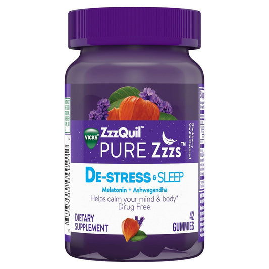 Vicks Pure Zzzs De-Stress & Sleep Gummies with melatonin and ashwagandha in blackberry vanilla flavor, displayed in a bottle.