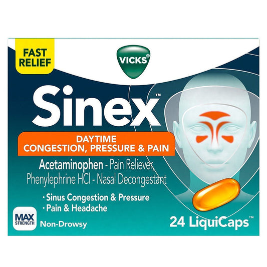 Vicks Sinex Severe Sinus Pressure, Pain, Congestion LiquiCaps in a blister pack for nasal relief and sinus congestion relief.