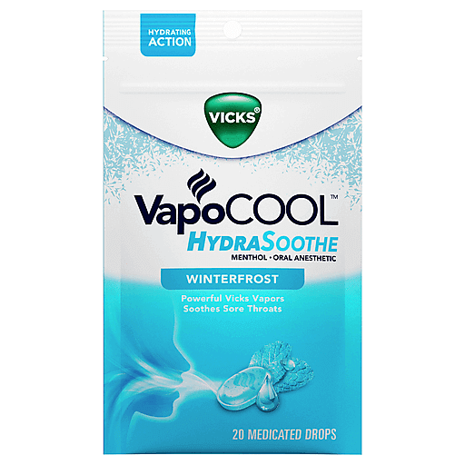 Vicks Vapo Cool Oral Anesthetic Hydra Soothe menthol medicated drops in Winterfrost flavor, designed for sore throat relief.