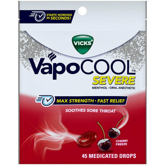 Vicks VapoCOOL Max Strength Severe Cherry Freeze oral anesthetic medicated drops in a clear bottle with cherry flavor branding.