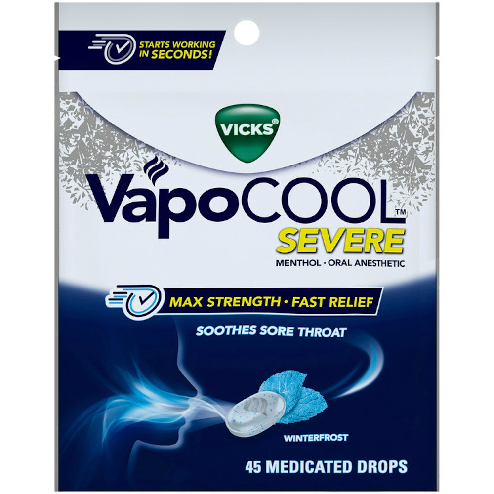 Vicks VapoCool Severe Max Strength Medicated Drops in Winterfrost flavor, 45 count, for sore throat relief, by Pasteur Pharmacy.