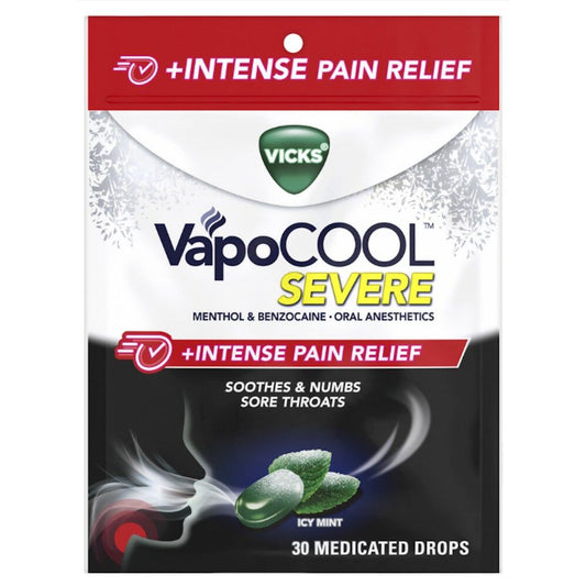 Vicks VapoCool Severe medicated cough drops with wintergreen flavor, displayed in a clear package, for soothing sore throats.