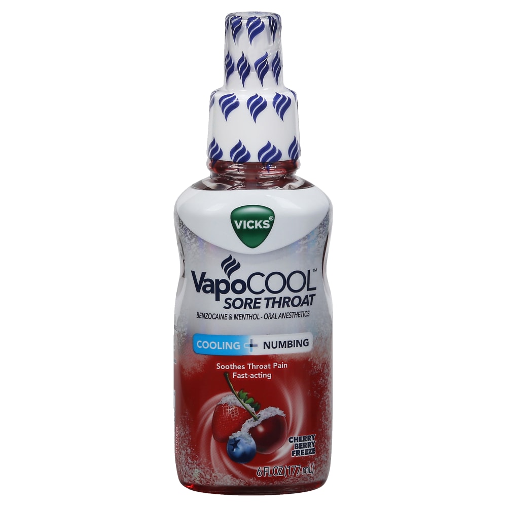 Vicks VapoCOOL Sore Throat Spray in Cherry Berry Freeze flavor, health and beauty product by Pasteur Pharmacy, showing the spray bottle.