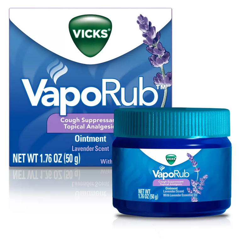 Vicks Vaporub lavender scent chest rub and analgesic ointment in 1.76 oz container for cough relief and soothing topical pain.