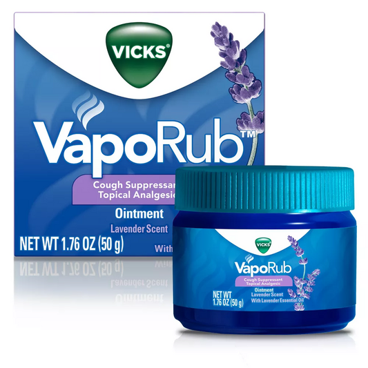 Vicks Vaporub lavender scent chest rub and analgesic ointment in 1.76 oz container for cough relief and soothing topical pain.