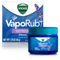 Vicks Vaporub lavender scent chest rub and analgesic ointment in 1.76 oz container for cough relief and soothing topical pain.