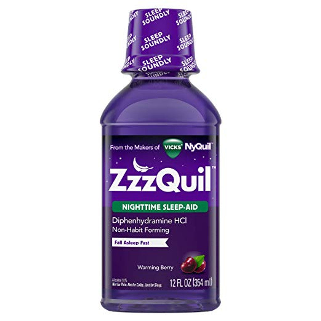 Vicks ZzzQuil Warming Berry Nighttime Sleep Aid liquid bottle, 12 oz, health and beauty product with warm berry flavor.