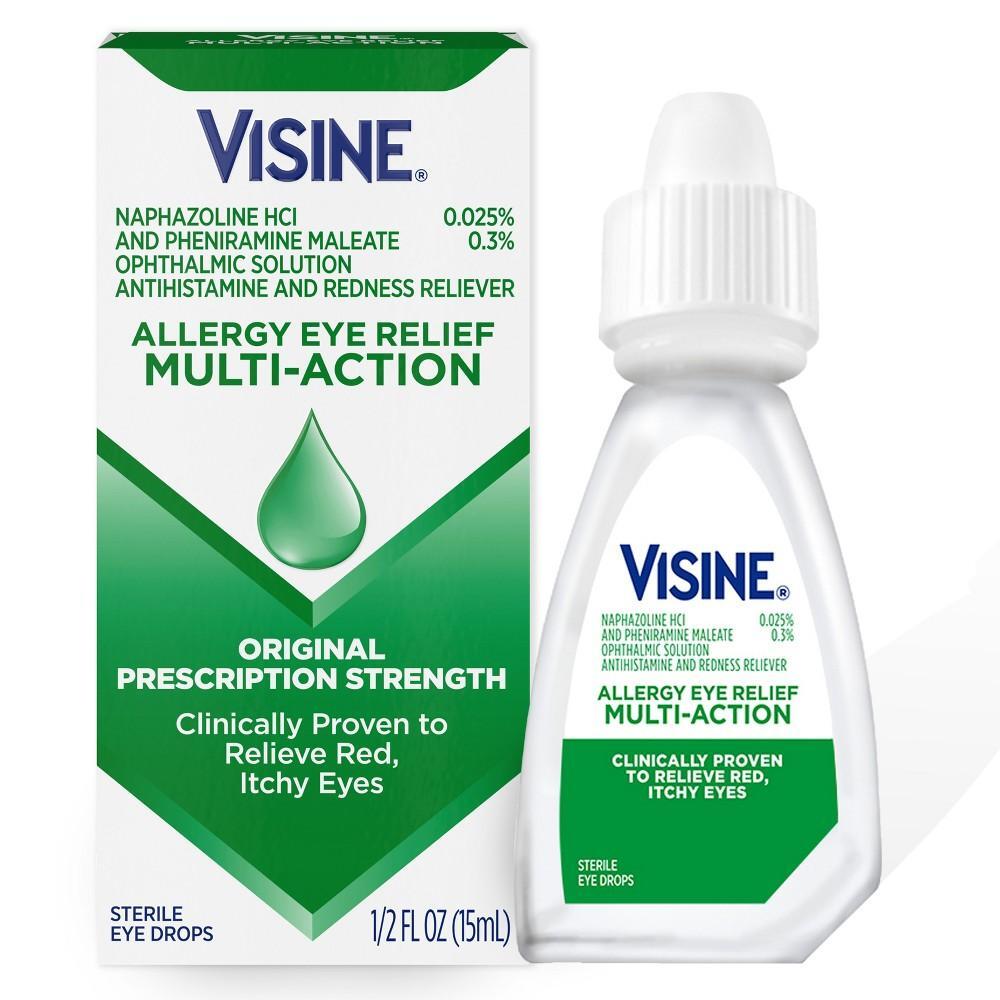 Visine Eye Drops Sterile Multi-Action Original 0.5 Fl Oz bottle, used for relief of eye redness and irritation