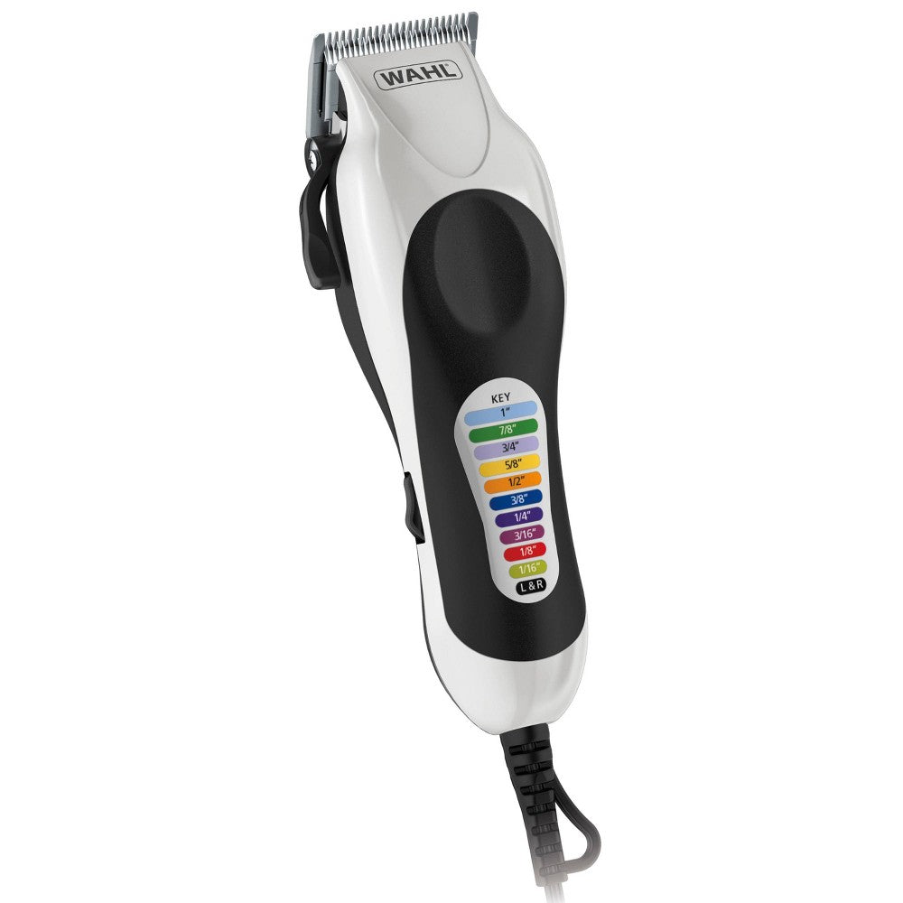 Wahl Color Pro Plus Haircut Kit 79752T with colorful hair clippers and attachments for home haircutting and styling.