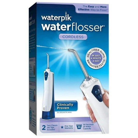 Cordless Waterpik water flosser for dental cleaning, with a white handle and water reservoir, designed for oral health.