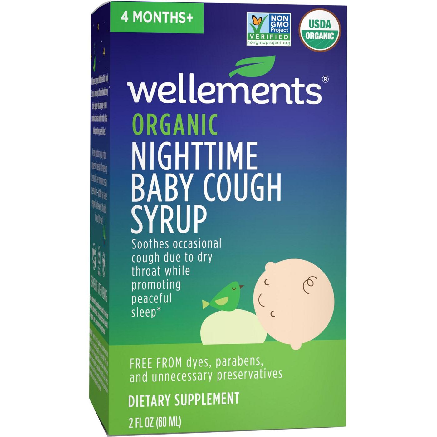 Wellements Organic Baby Cough & Mucus Syrup Nighttime bottle, natural health remedy for infants, in a child-friendly packaging.