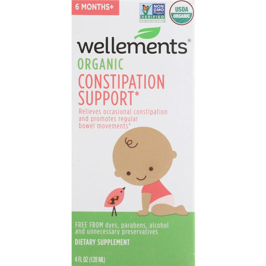 Wellements Organic Constipation Support 4 Fl Oz bottle, natural health supplement for digestive relief, in a clear bottle with label