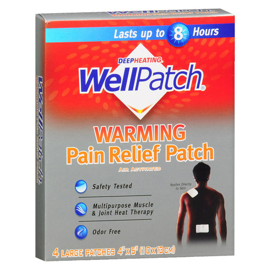 WellPatch® Warming Pain Relief large targeted heat patches, 4-count box, providing soothing heat therapy for pain relief.