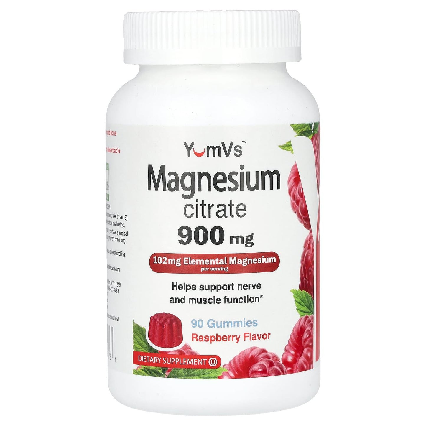 Yum-V's® Magnesium Citrate Gummies in raspberry flavor, 900 mg, 90 count, natural health supplement, shown in a clear bottle.