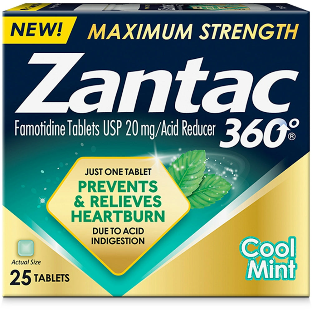 Zantac 360 Acid Reducer maximum strength 20 mg tablets in cool mint flavor, used for heartburn relief.
