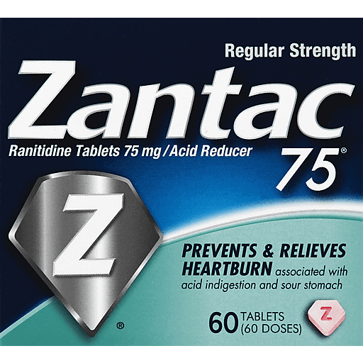 Pasteur Pharmacy Zantac Acid Reducer tablets, regular strength, for heartburn relief, shown in a blister pack.