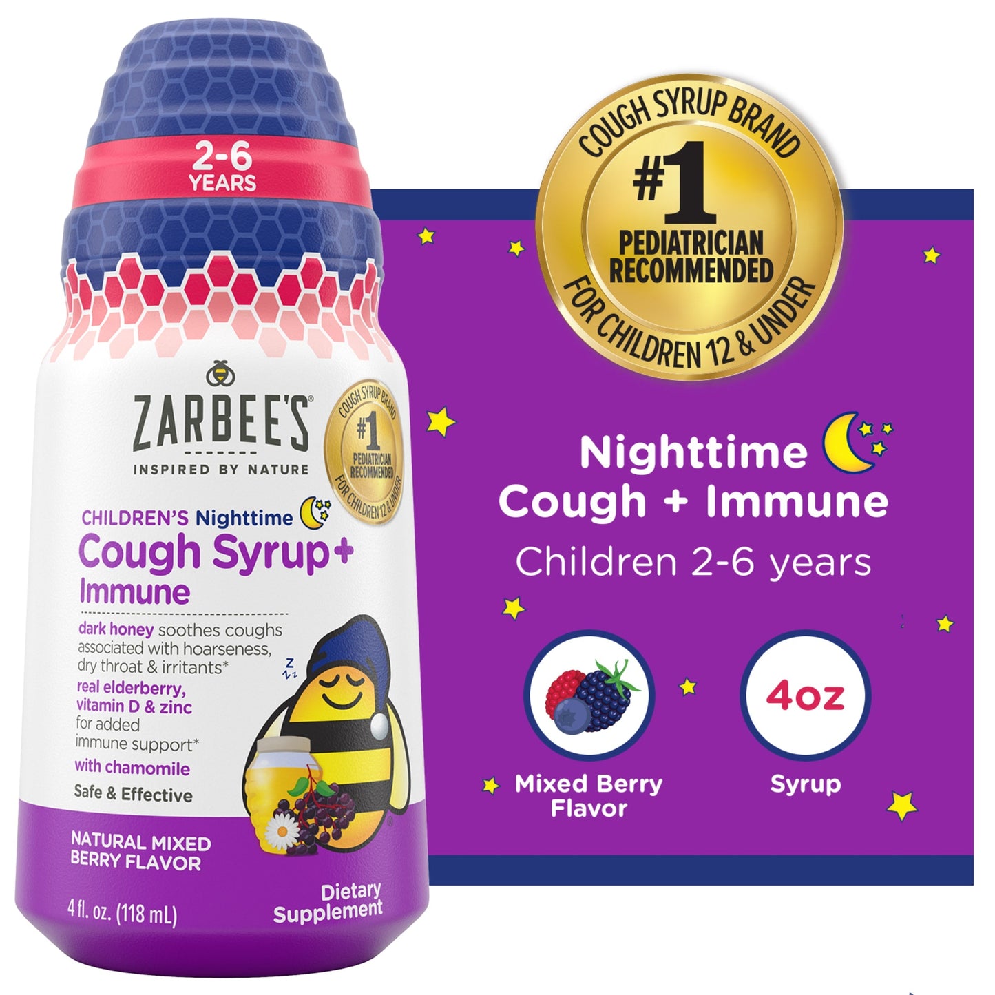 Zarbee's Children's Nighttime Cough Syrup with Immune support in natural mixed berry flavor, 4 fl oz bottle.