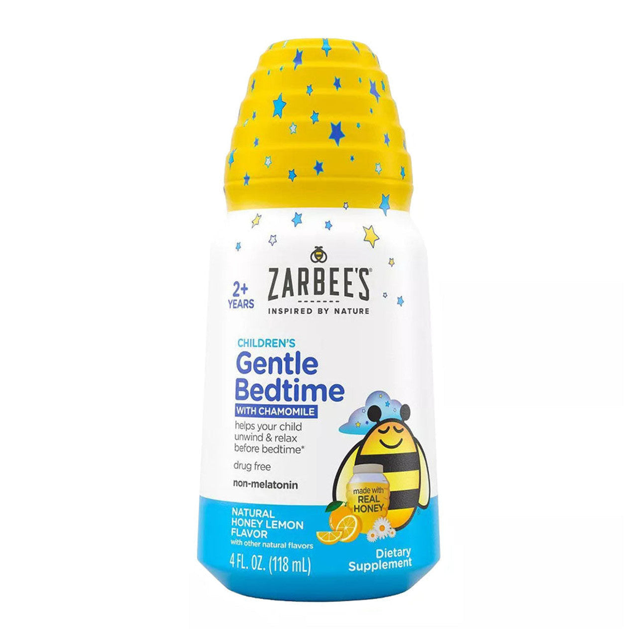 Zarbee's Gentle Bedtime Liquid for Kids in a 4 oz bottle, natural health supplement for soothing sleep, displayed on a white background.