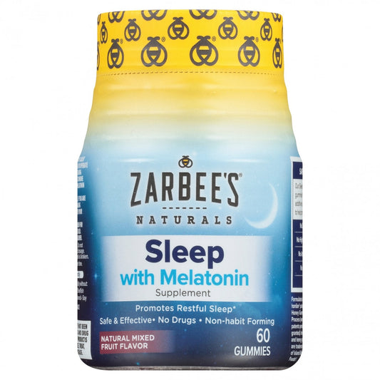 Zarbee’s Sleep with Melatonin supplement gummies in mixed fruit flavor, natural health and beauty product for better sleep.