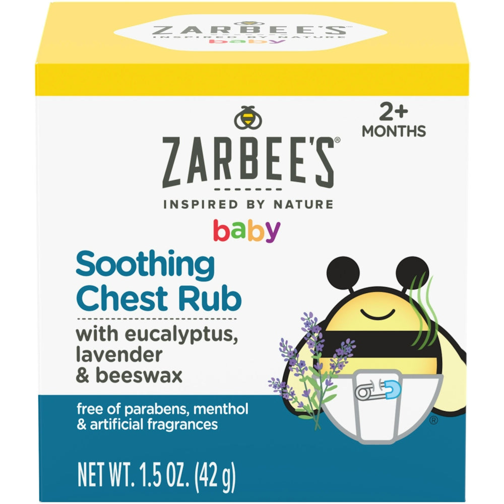 Zarbee's Soothing Baby Chest Rub 1.5 oz in a white jar with a blue label, designed for infants' chest soothing and comfort.