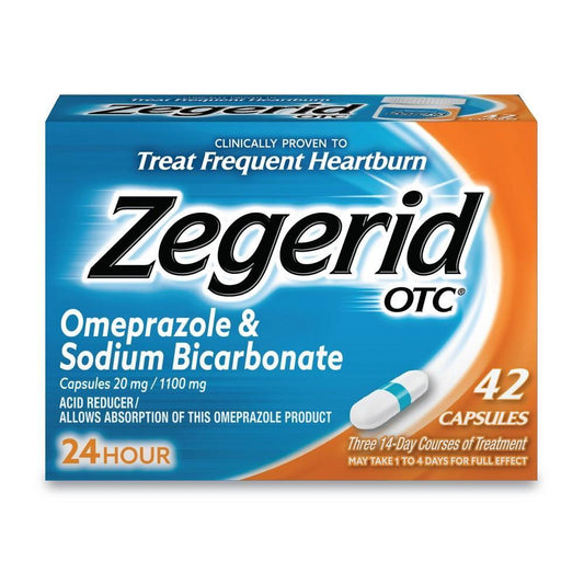 Zegerid OTC Omeprazole 20mg and sodium bicarbonate capsules for acid reduction, 42-count bottle, Pasteur Pharmacy brand.