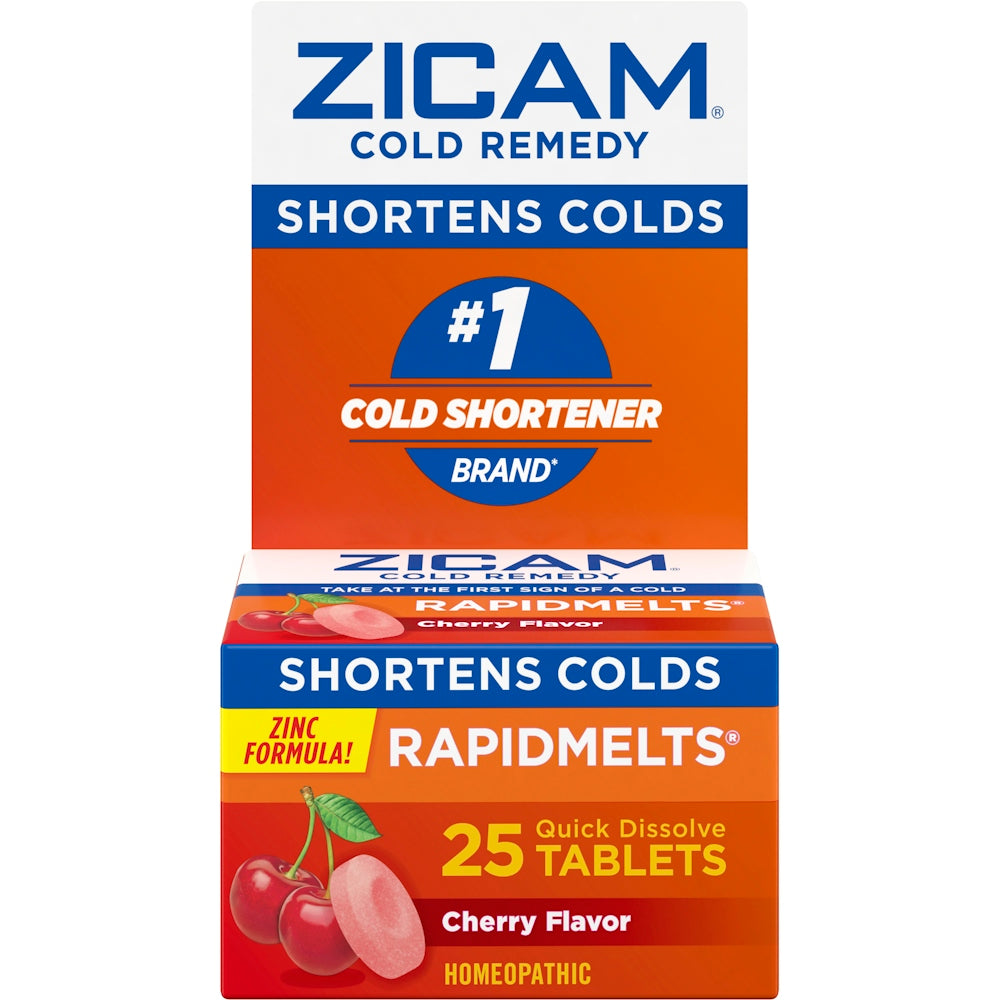 Zicam Cold Remedy Cherry Flavor RapidMelts tablets by Pasteur Pharmacy, quick-dissolve cold relief medicine in a blister pack