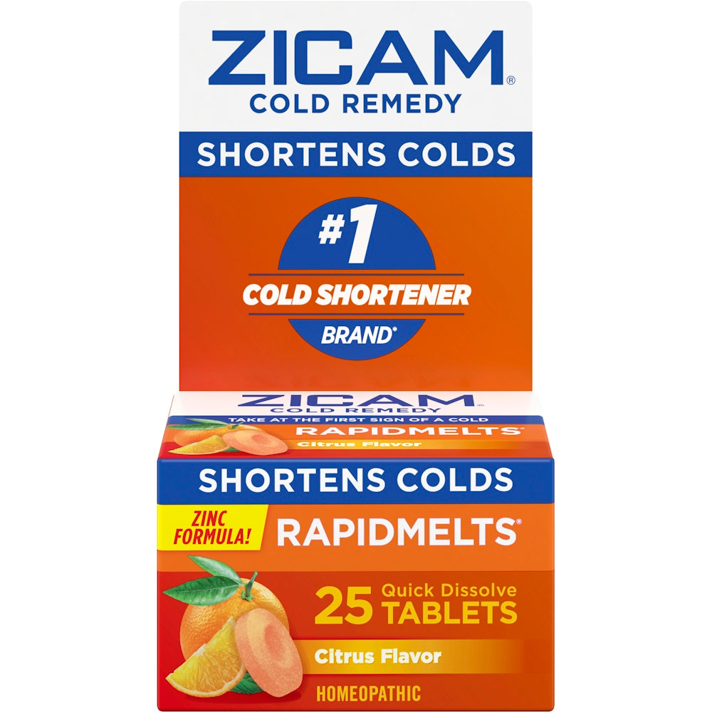 Zicam Cold Remedy quick dissolve tablets in citrus flavor, displayed in blister pack, for cold relief, by Pasteur Pharmacy.