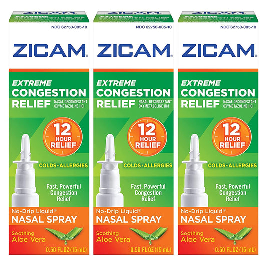 Zicam Extreme Congestion Relief No Drip Liquid Nasal Spray with soothing aloe vera in a 0.5 Fl Oz bottle, designed for nasal relief.