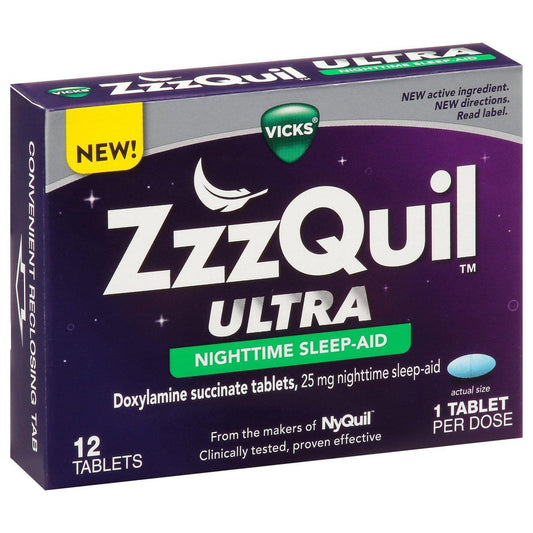 ZzzQuil Ultra 25 mg nighttime sleep aid tablets from Pasteur Pharmacy, sleep supplement for restful nights.