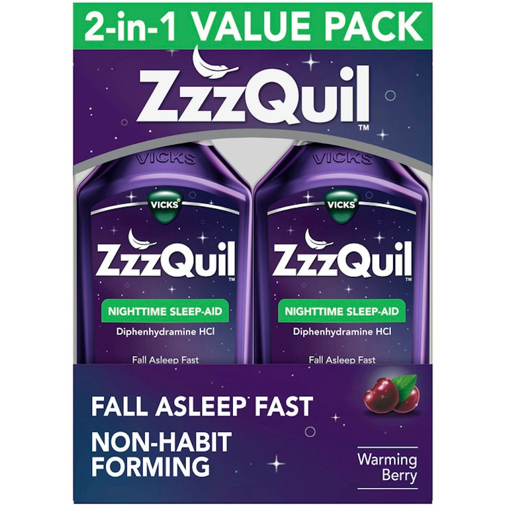 ZzzQuil Nighttime Warming Berry sleep aid bottles, health and beauty product, 2-12 fl oz bottles by Pasteur Pharmacy