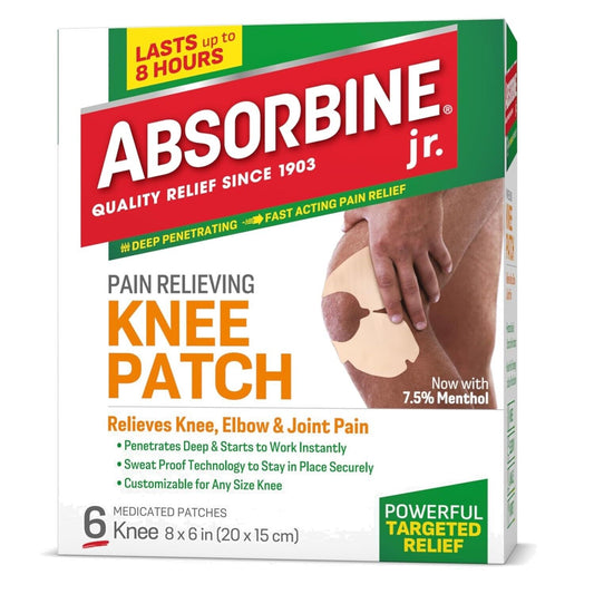 Absorbine Jr. fast-acting sweat-proof knee pain relief patches from Pasteur Pharmacy, designed for 12-hour comfort.
