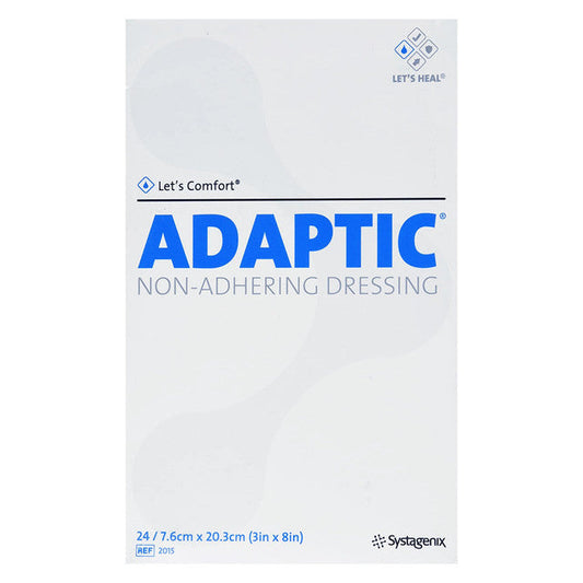 Box of 24 Adaptic Dress 3x8 sterile wound dressings by Pasteur Pharmacy for healthcare and wound care.