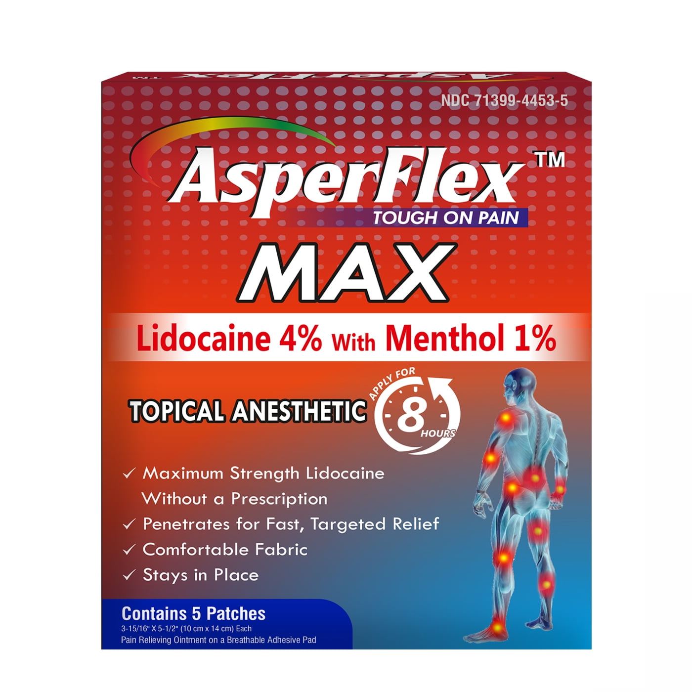 Akron Pharma Asperflex MAX pain relief patch with lidocaine 4% and menthol for targeted pain relief, shown on skin.