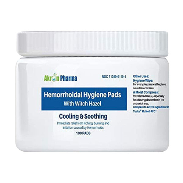Akron Pharma Mckesson hemorrhoidal pads in a box, designed for soothing hemorrhoid relief, by Pasteur Pharmacy.