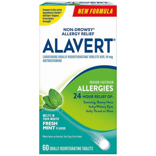 Alavert allergy tablets with fresh mint flavor in blister pack, designed for indoor and outdoor allergy relief.