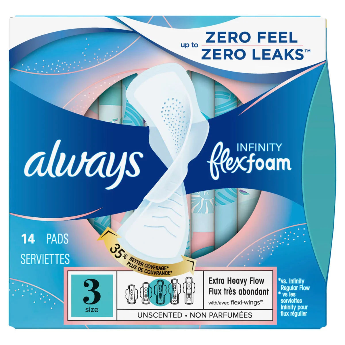 Always Infinity Size 3 extra heavy flow pads with wings, unscented, in a 14-count package, designed for women’s health care needs.