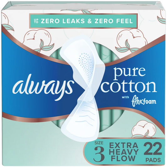 Always Pure Cotton Size 3 overnight heavy flow pads with FlexFoam and wings, designed for comfort and absorbency.