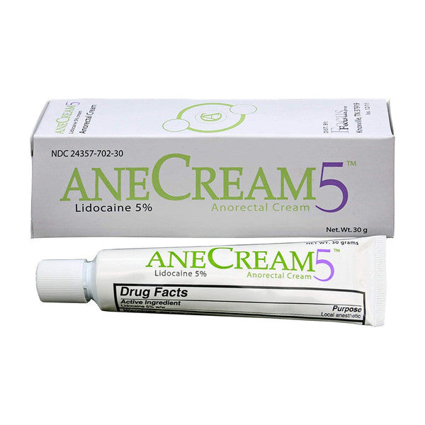 Anecream 5% topical cream in a 30g tube, used for healthcare purposes, displayed on a plain background.
