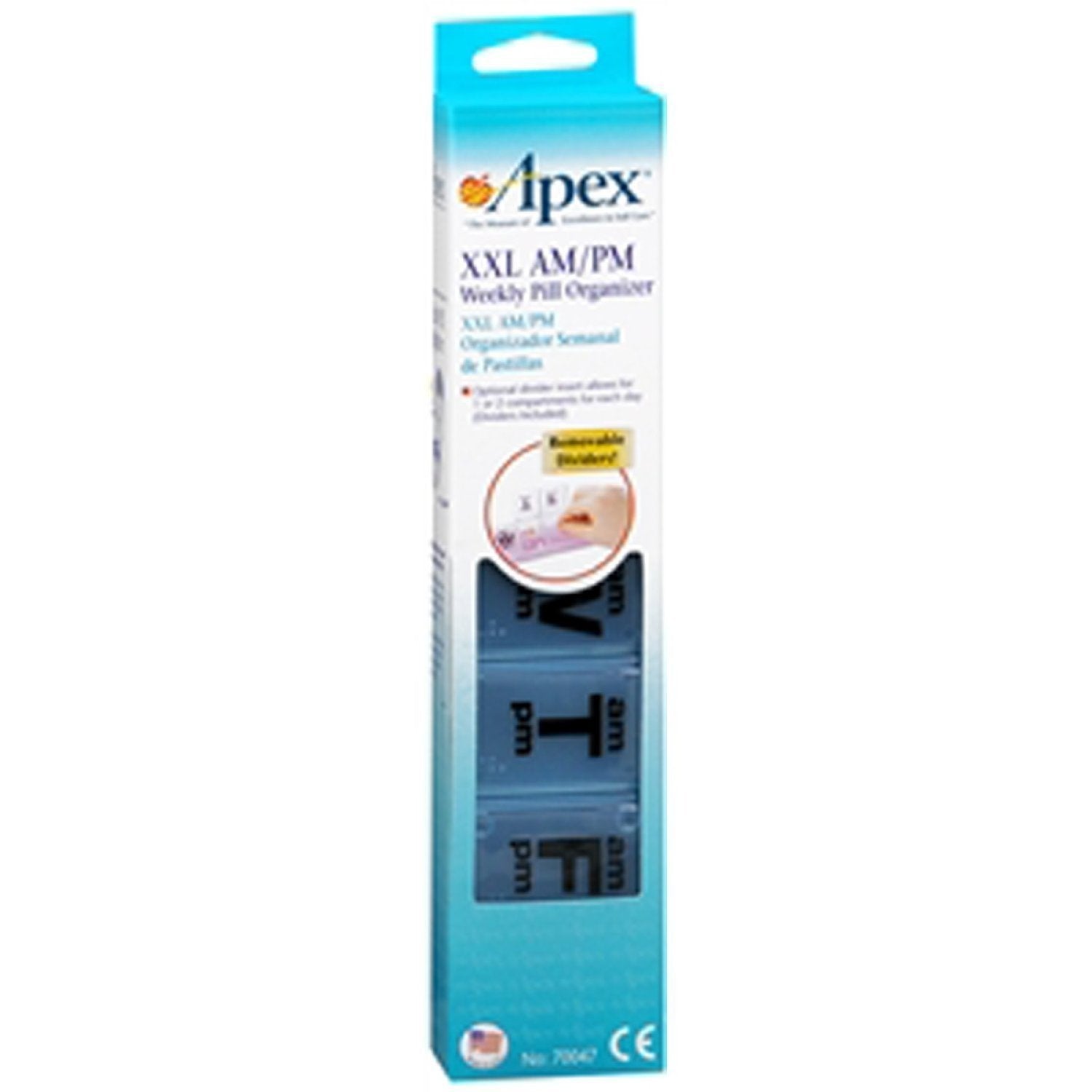 Apex 7-Day AM/PM pill organizer in XXL size with massive capacity, featuring separate compartments for morning and evening doses.