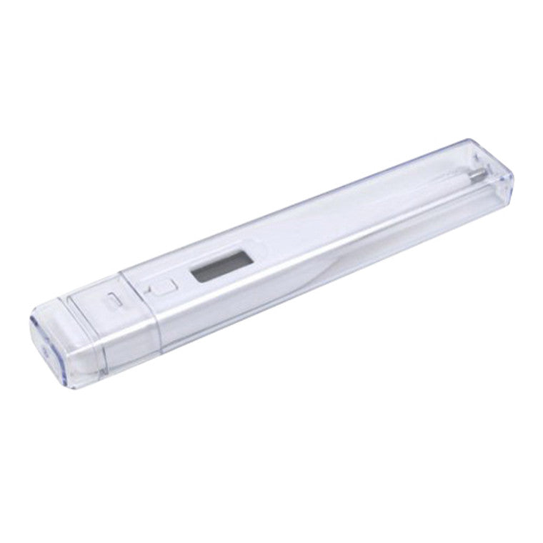 Apex Health Aids digital beeper thermometer showing a digital display and a white plastic body for healthcare temperature measurement.