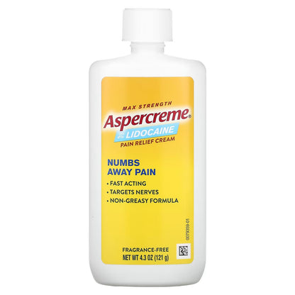 Odor-free Aspercreme Cream with 4% Lidocaine in a 4 oz tube, used for pain relief, shown in a health care product image.