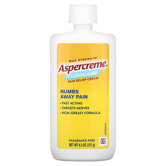 Odor-free Aspercreme Cream with 4% Lidocaine in a 4 oz tube, used for pain relief, shown in a health care product image.