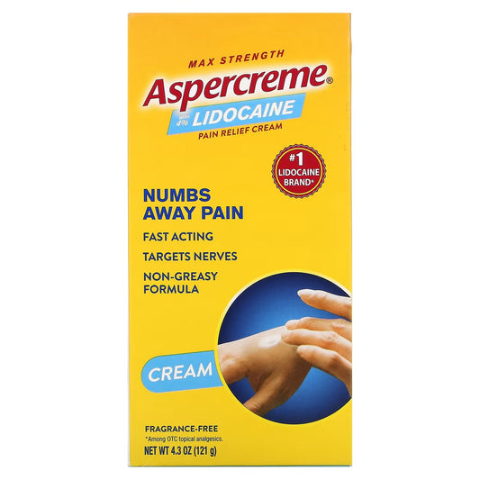 Odor-free Aspercreme Cream 4% Lidocaine in a 4 oz tube, used for pain relief, shown on a white background.