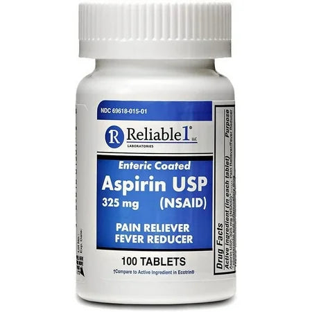 A bottle of Reliable Aspirin 325mg enteric-coated tablets with 100 tablets in a clear container, labeled for health care use.