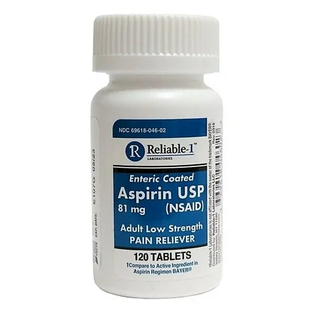 Aspirin enteric-coated adult low-strength pain reliever tablets in a bottle, designed for gentle stomach protection, 120 tablets.
