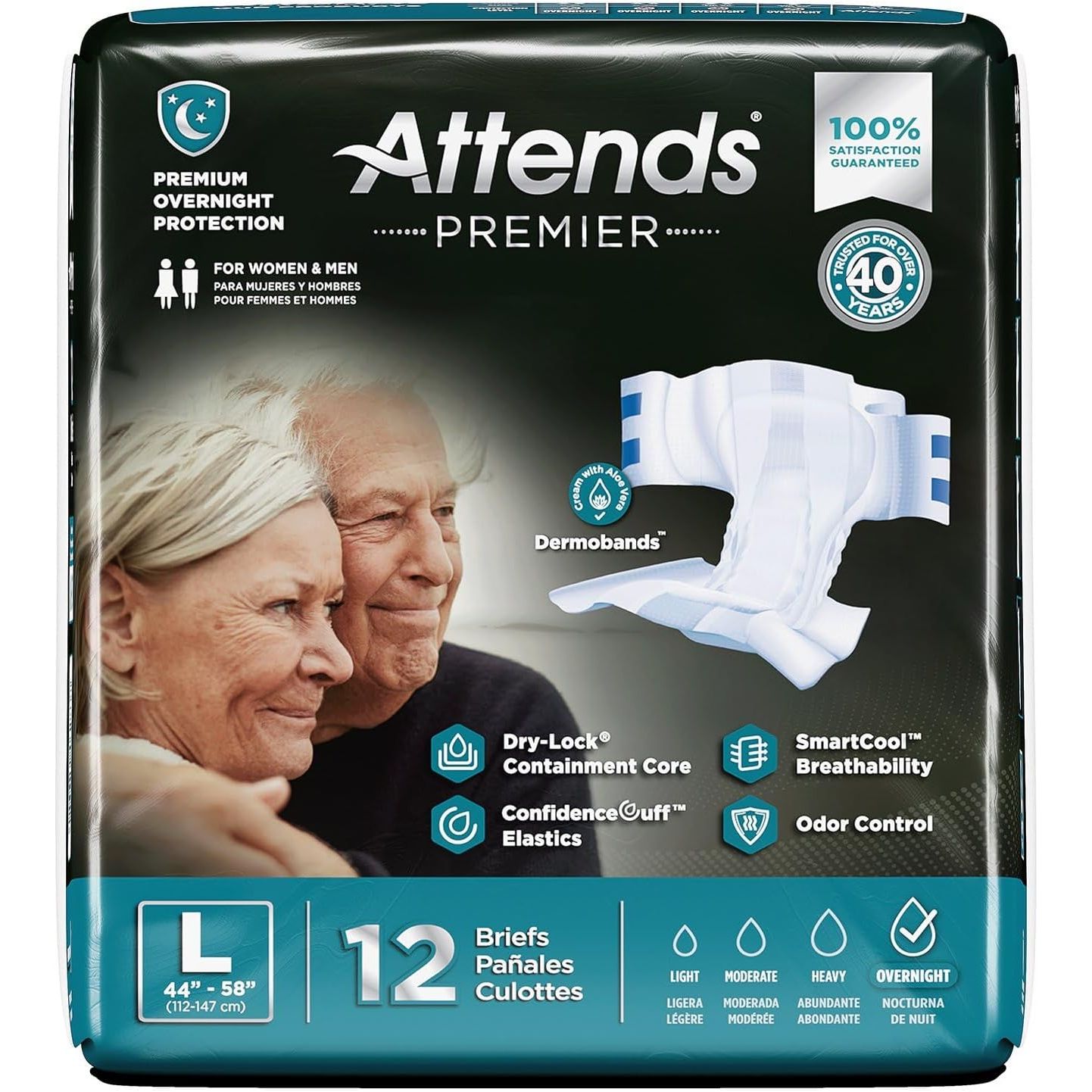Attends Premier Adult Disposable SmartCool Briefs in size L, 44-58 inches, pack of 12, designed for comfortable incontinence care.